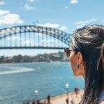 Woman,At,Iconic,Sydney,Harbor,Bridge,Over,River,Water.,Cityscape
